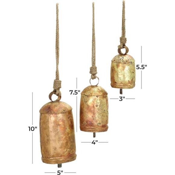 Gold Metal Tibetan Inspired Decorative Giant XL Cow Bells with Jute Hanging Rope - Picture 2 of 7